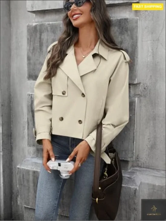 Cropped Trench Coat Oversized Double Breasted Classic Chic Fall Jacket new - Picture 5 of 10
